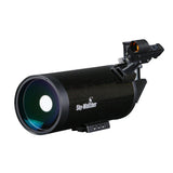 A Sky-Watcher Maksutov-Cassegrain telescope with a black V-style dovetail plate, red dot finder, and a padded carrying case.