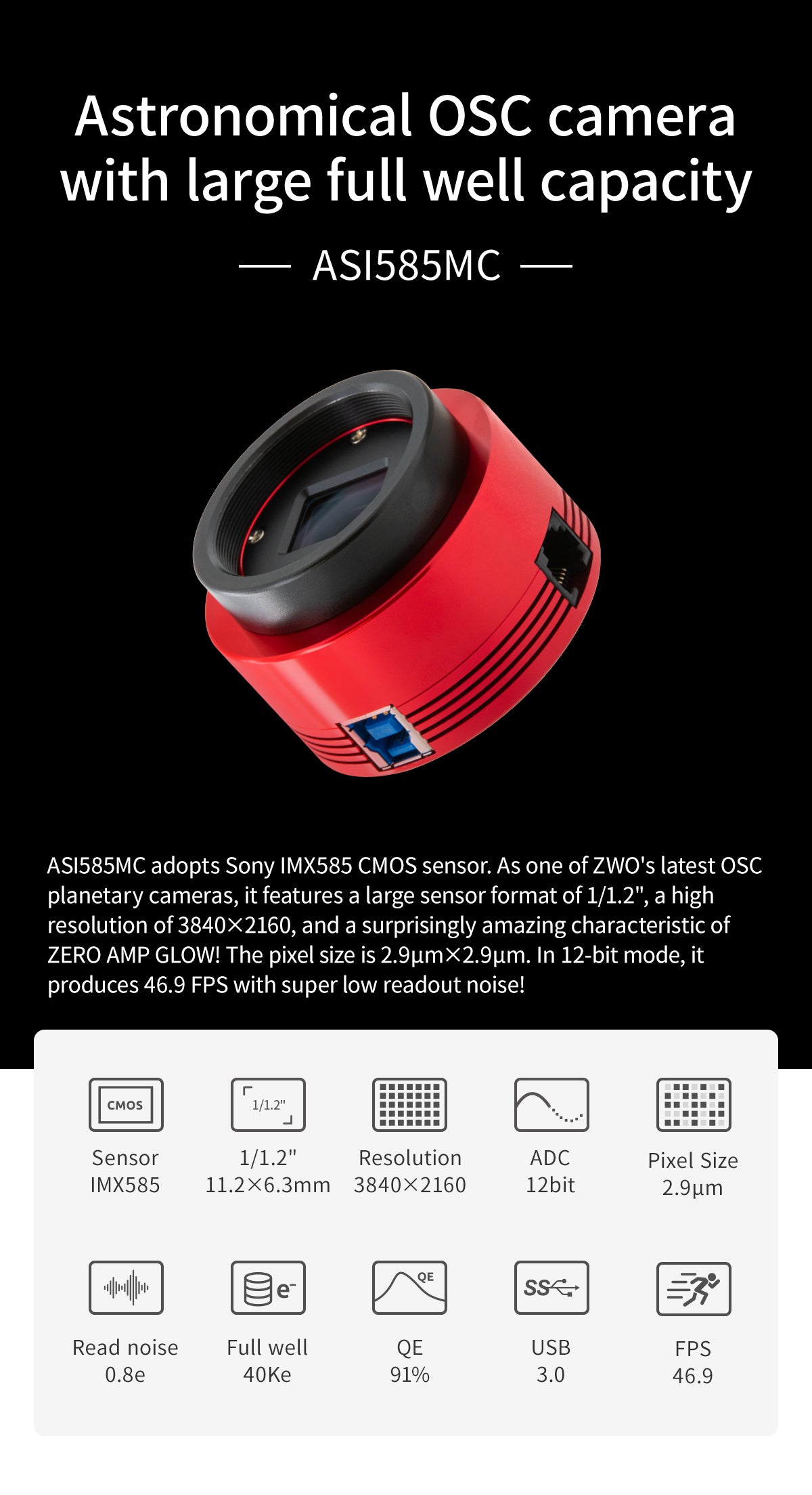 ZWO ASI585MC Color Planetary Camera, IMX585 (ZWO-ASI585MC) – Mile